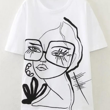 Women Fashion Abstract Girl Print Casual White T-Shirt Female Basic O Neck Short