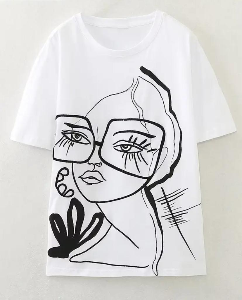 Women Fashion Abstract Girl Print Casual White T-Shirt Female Basic O Neck Short