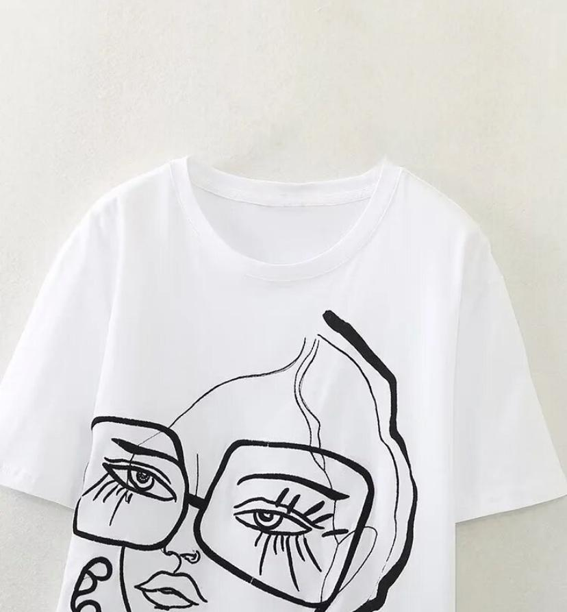 Women Fashion Abstract Girl Print Casual White T-Shirt Female Basic O Neck Short - Image 2