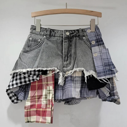 Plaid Patchwork Denim Skirt