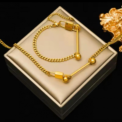 Stainless Steel Gold Color Lock Beads Necklace Bracelet
